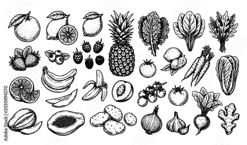 Quadro su tela Hand drawn fruits and vegetables black white sketch vector set