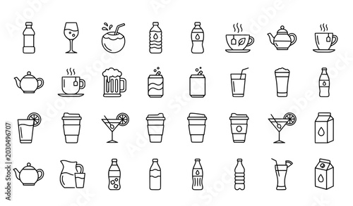 Beverages drinks thin line icon set bottle coffee cocktail vector