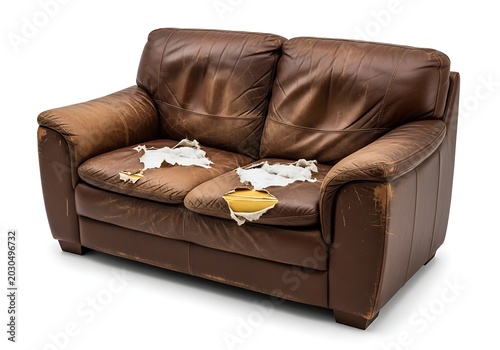 Old damaged brown leather sofa with torn upholstery and visible foam padding