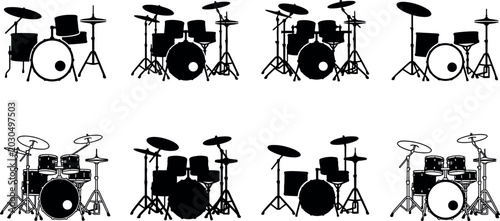 Foto Drum Kit Vector Collection with Percussion Instrument Silhouettes, Musical Band