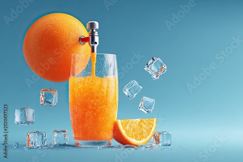 Freshly Squeezed Orange Juice Poured into a Tall Glass Surrounded by Ice Cubes and Fruit Slices