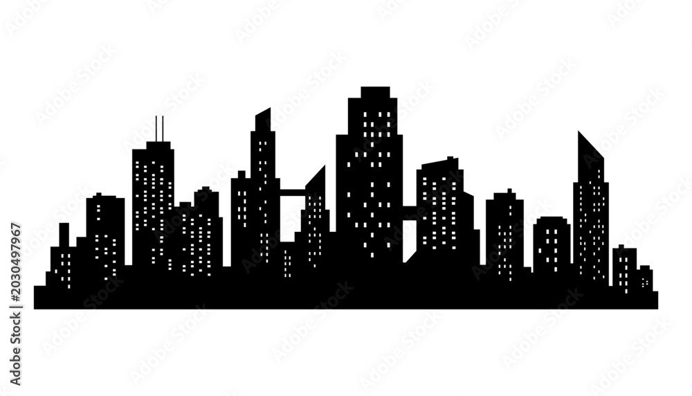 Obraz premium Cityscape silhouette. City building, night town and horizontal urban panorama silhouette. Modern urban landscape. Monochrome panoramic view