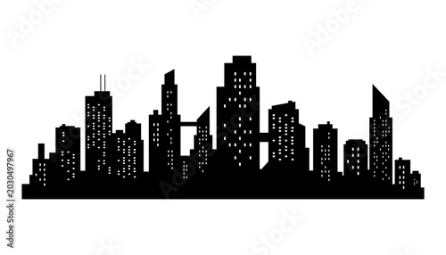 Cityscape silhouette. City building, night town and horizontal urban panorama silhouette. Modern urban landscape. Monochrome panoramic view