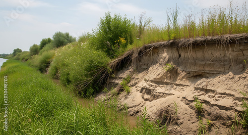 Riverbank erosion with green grass and vegetation in summer nature