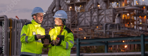 Foto Two petroleum engineers team male and female hold tablet discussing and monitoring data for maintenance during night shift at oil refinery plant engineering teamwork industrial energy operation