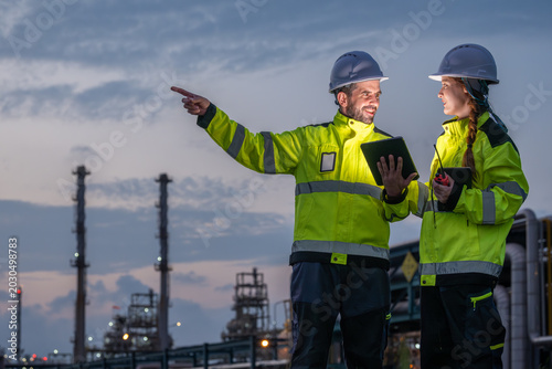 Two petroleum engineers team male and female hold tablet discussing and monitoring data for maintenance during night shift at oil refinery plant engineering teamwork industrial energy operation.