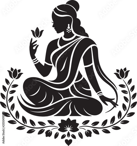 Minimal spiritual woman meditation silhouette vector with lotus floral ornaments