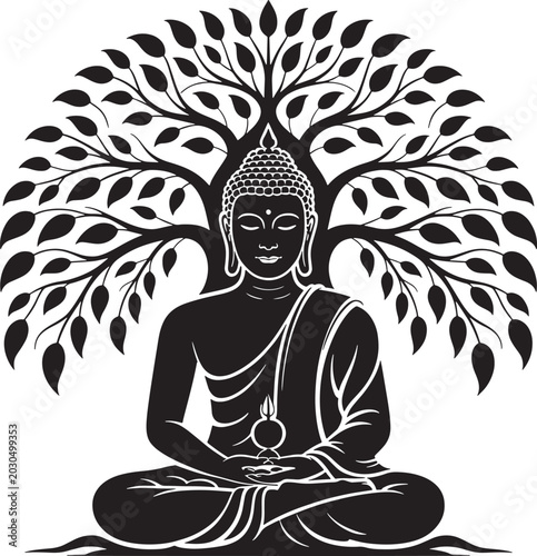 Black Buddha meditation silhouette vector illustration under sacred Bodhi tree