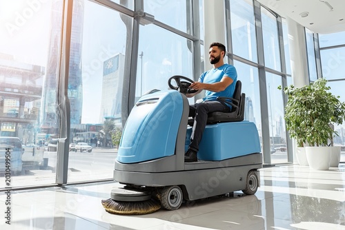 Professional cleaner operating a rideon floor cleaning machine in a modern office building with large windows