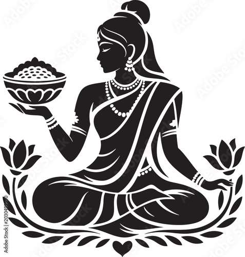 Minimal black silhouette vector of meditating spiritual woman with lotus elements
