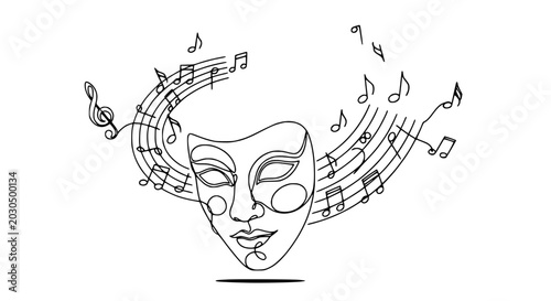 Foto Abstract Face Mask with Music Notes and Treble Clef, One Line Drawing Art