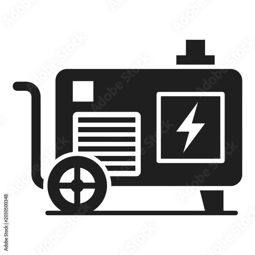 Simple black and white icon of a portable generator on wheels for power icon