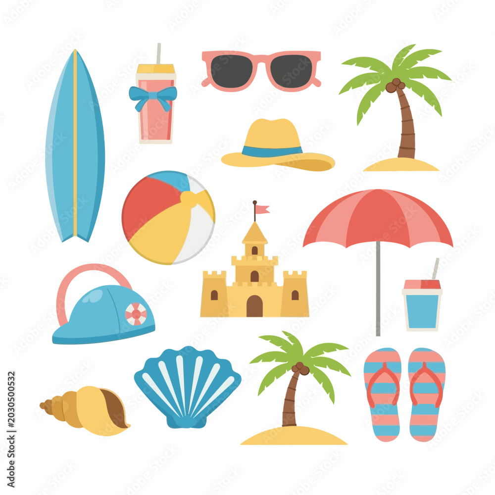 Obraz premium Summer Beach Vacation Objects Icons Set