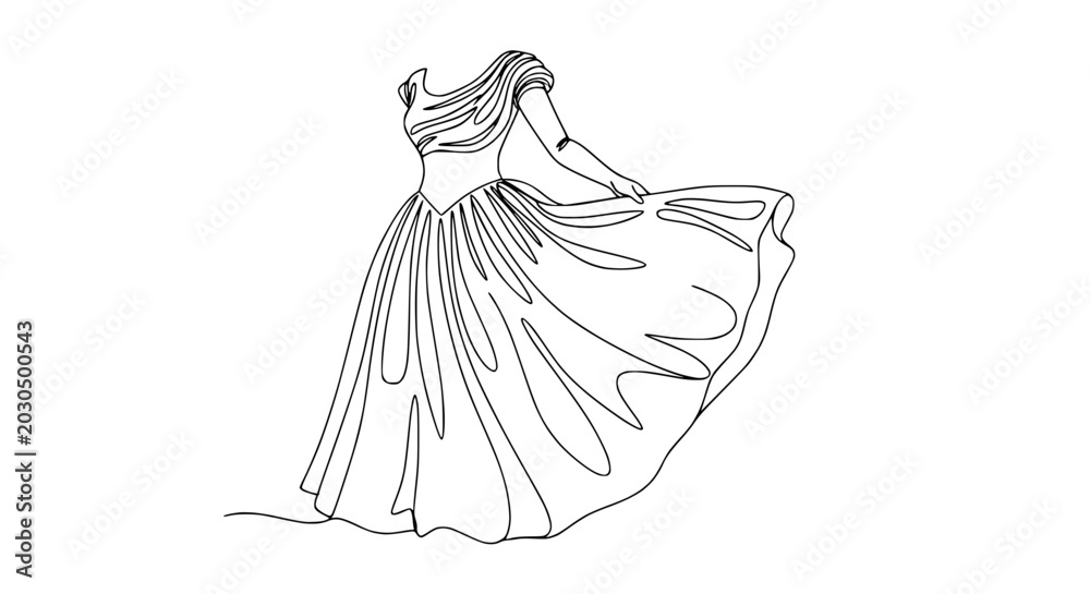 Fototapeta premium Elegant one-line drawing of a flowing ball gown with draped bodice on white background