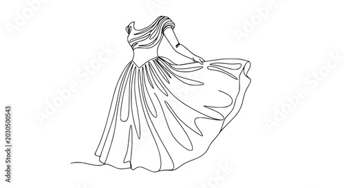 Cuadro en lienzo Elegant one-line drawing of a flowing ball gown with draped bodice on white back