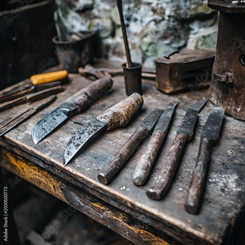 Crafting tools displayed on a rustic workbench artisan workshop still life indoor overhead view handicraft skills