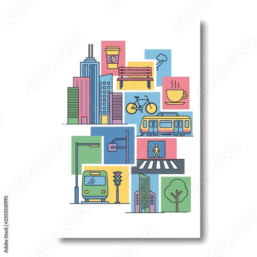Urban Cityscape Collage with Icons: Buildings, Transport, Lifestyle