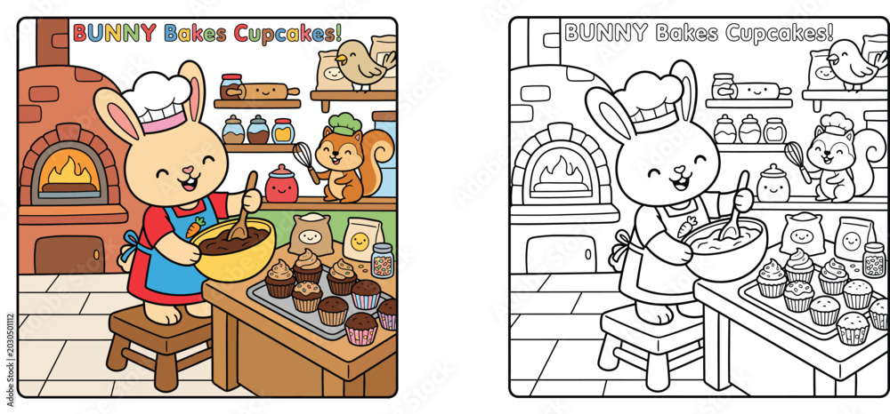 Obraz premium Cute Bunny Chef Baking Cupcakes in Kitchen Cartoon Illustration with Coloring Page for Kids, Kawaii Animal Bakery Scene with Squirrel and Bird Friends for Children Activity Book Vector