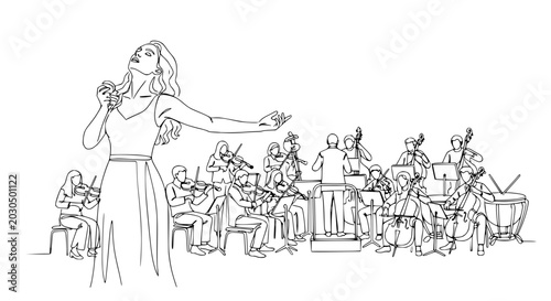 Tableau sur toile Elegant opera singer performs with orchestra, minimalist line art