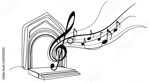 Photos Abstract Music Notes Flowing from Stage Archway - Creative Performance Art Conce