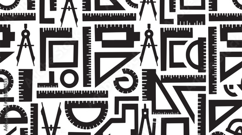 drafting tools and architectural instruments in black and white, engineering, geometry, school, drawing, technical