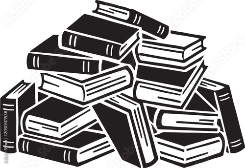 Books Stacked in a High Contrast Woodcut Style, reading, library, literature, education, stack