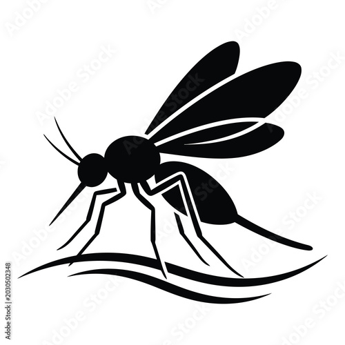 Black silhouette mosquito sitting on wavy surface isolated on white background icon
