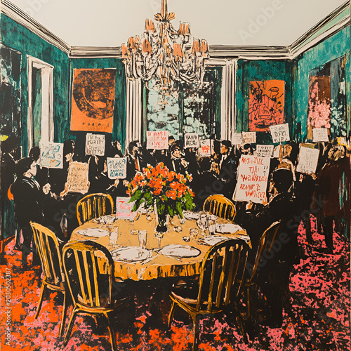 Protest gathering around dinner table elegant dining room artistic representation aesthetic close-up social commentary