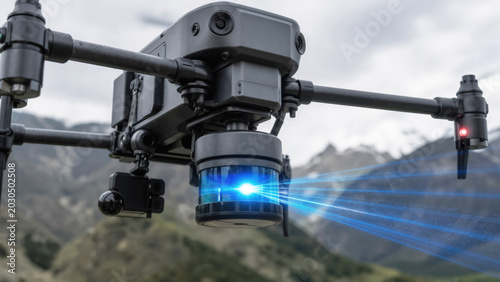 A professional drone equipped with a glowing glass lidar sensor scanning the environment outdoors