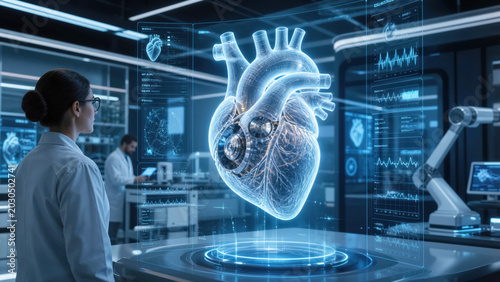 Futuristic medical laboratory with glowing 3D digital twin of human heart and integrated mechanical valves