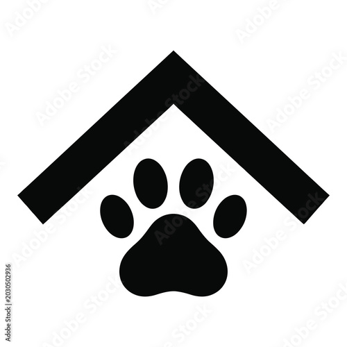 Black silhouette of dog paw print under roof  animal shelter or pet home symbol icon