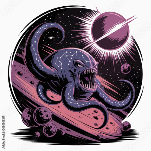 Slika na platnu Tentacled creature in deep space attacking.