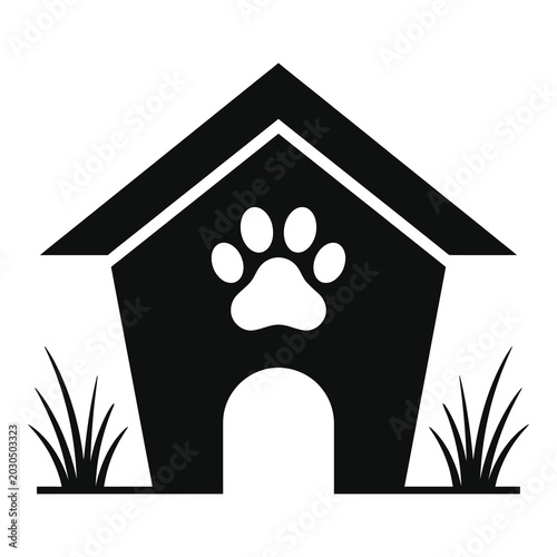 Dog house with paw print and grass isolated on white background icon