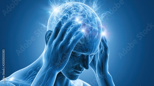 Intense Thought Process: A man clutches his head, intense electrical impulses visually represent his deep concentration, stress, or a moment of profound inspiration.