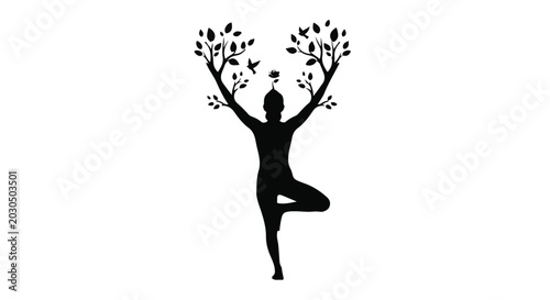 Silhouette of a person in tree pose, symbolizing growth and nature's connection