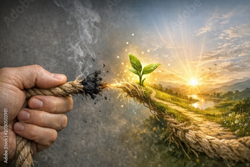 A person's hand holds a rope with a small plant growing from the end, suggesting growth and new beginnings