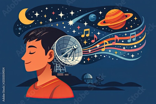 A person studying a satellite signal with musical notes, suitable for use in educational or technological contexts