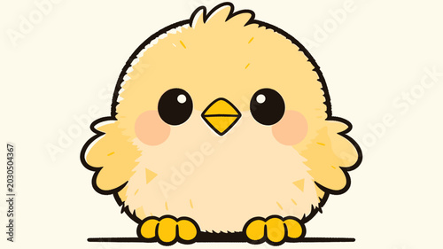 Foto Adorable fluffy yellow cartoon chick with big black eyes and small orange beak, looking directly forward