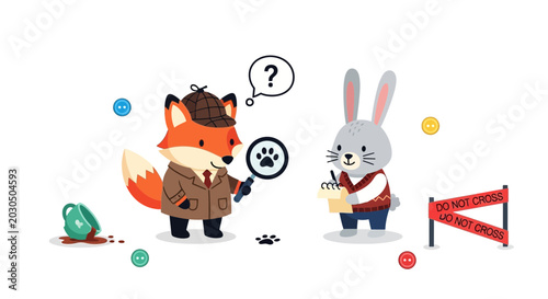 Schilderij op canvas Detective Fox and Rabbit Investigate Mystery Clues