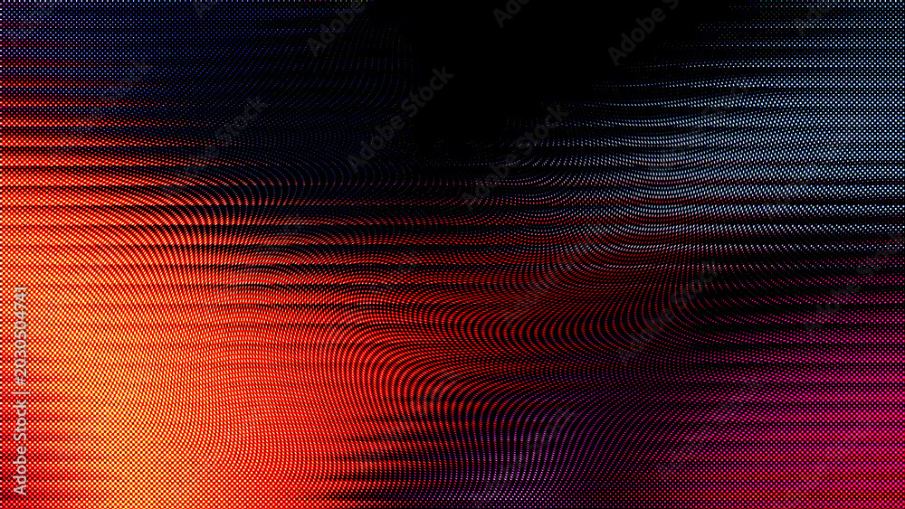 Fototapeta premium Abstract digital background with a halftone dot pattern and a vibrant gradient of orange, red, and blue, creating a fluid, wavy, and glitchlike texture