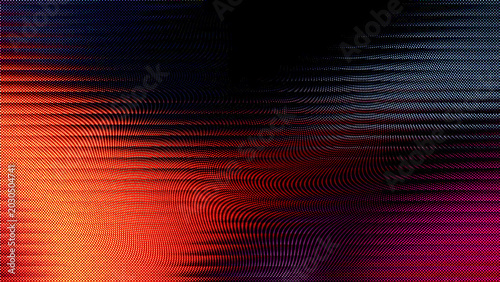 Abstract digital background with a halftone dot pattern and a vibrant gradient of orange, red, and blue, creating a fluid, wavy, and glitchlike texture