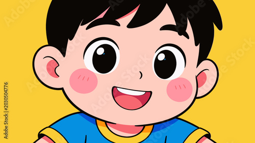 Tableau sur toile A cheerful cartoon illustration of a young boy with black hair and rosy cheeks, wearing a blue shirt, against a bright yellow background
