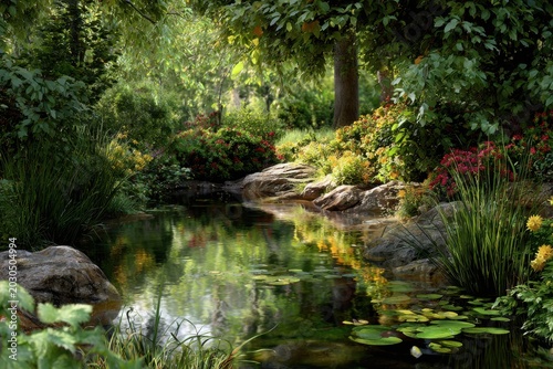 A tranquil garden scene featuring a picturesque pond
