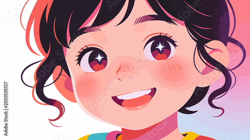 Φωτογραφία Close-up anime-style illustration of a smiling young girl with sparkling red eyes and rosy cheeks, featuring a cheerful expression and vibrant colors