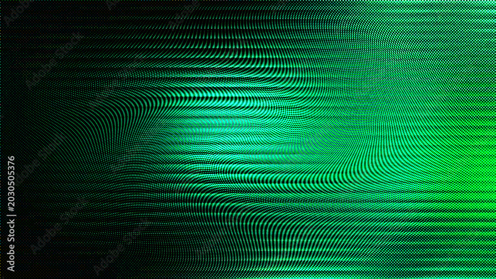 Fototapeta premium Abstract digital background with a green and black gradient, featuring a dynamic wave pattern of fine dots and lines creating a modern, hightech visual effect