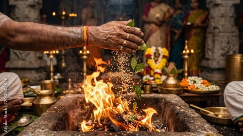 Close up of priest hand offering sacred grains and Bilva leaves into the ritual fire during Shravana Masam Durga Homa ceremony in Hindu temple