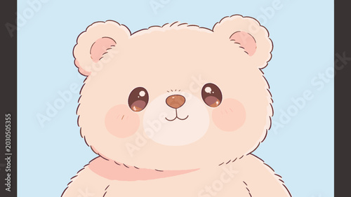 Bild auf Leinwand A very cute, light pink cartoon bear with big shiny eyes and rosy cheeks smiling gently against a soft blue background