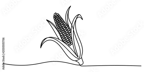 Bild auf Leinwand continuous one line drawing fresh corn cob with husk peeling back flat design ve