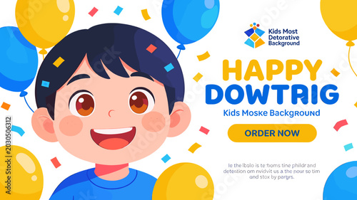 Foto A cheerful cartoon boy with dark hair and a blue shirt smiles broadly amidst yellow and blue balloons and colorful confetti, celebrating a happy event