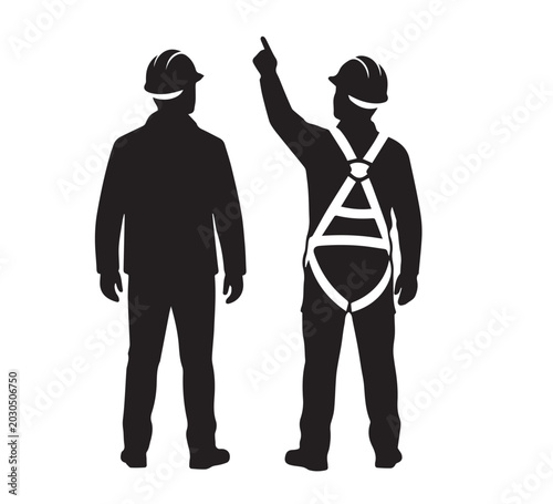 Silhouette of two construction workers wearing hard hats, one pointing upwards, representing teamwork and guidance in the workplace safety and construction industry concept